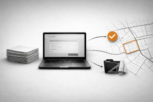 Ilustracija ciljana konvalidacija: gomila A4 dokumenata, laptop sa elektronskim formularom i katastarski plan sa označenom parcelom, vodič za upis imovine u katastar u Beogradu