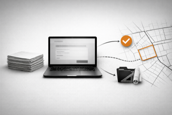 Ilustracija ciljana konvalidacija: gomila A4 dokumenata, laptop sa elektronskim formularom i katastarski plan sa označenom parcelom, vodič za upis imovine u katastar u Beogradu